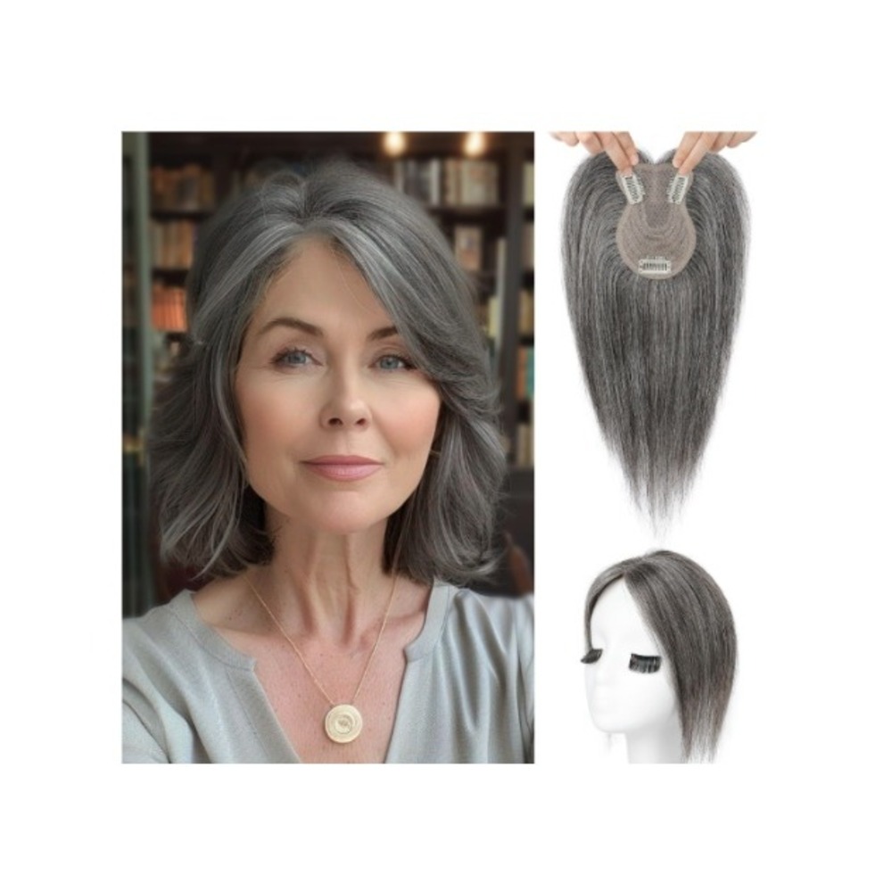 10" Silver Gray Brown Real Human Hair Topper with Bangs 360°3D Clip in Hairpiece